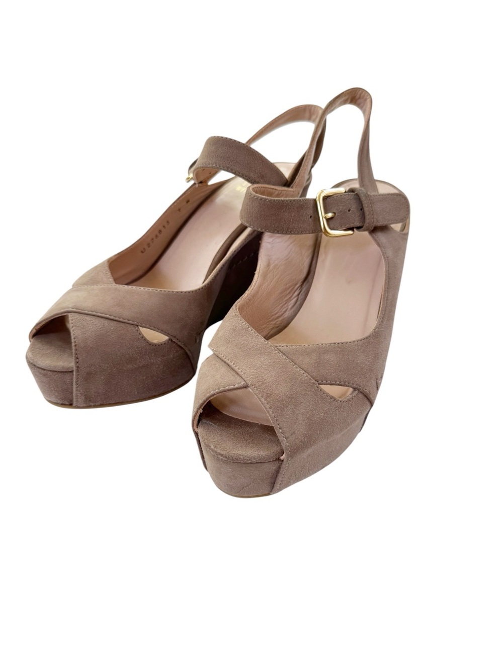 Stuart Weitzman Turnover Suede Wedge Shoes Sandals Taupe Beige Size 7 - Picture 14 of 14